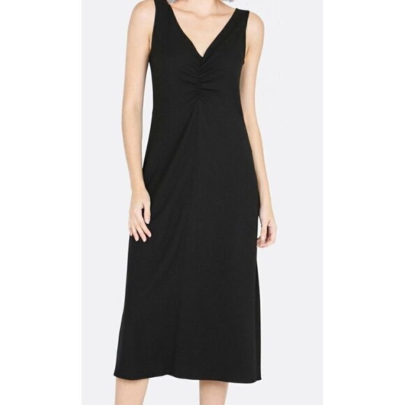 Vince Sz S Black Stretch Crepe Double V Neck Ruched Midi Dress - Picture 1 of 16